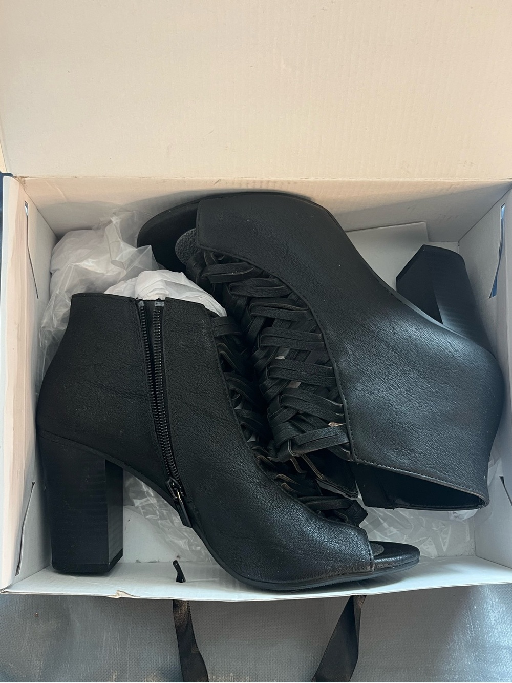 Shiekh Ankle Booties Womens Size 8 Black Caged Peep Toe Chunky Block Heel